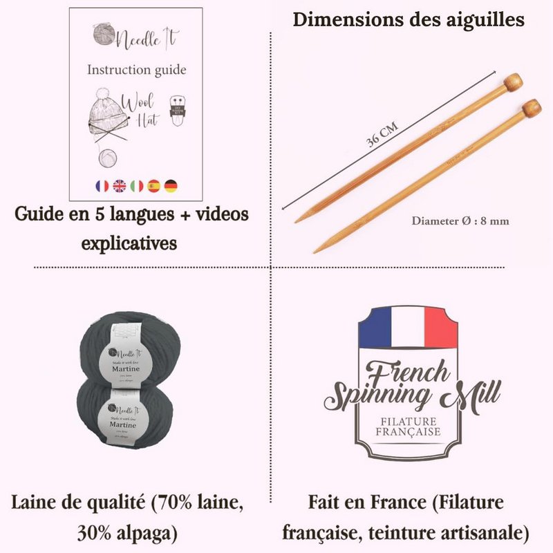 NEEDLE IT® Kit Tricot bonnet complet gris - Bonnet en laine à tricoter soi-même pour enfant et adulte - Kit complet avec aiguilles, pelotes et notice - Laine française (Gris)