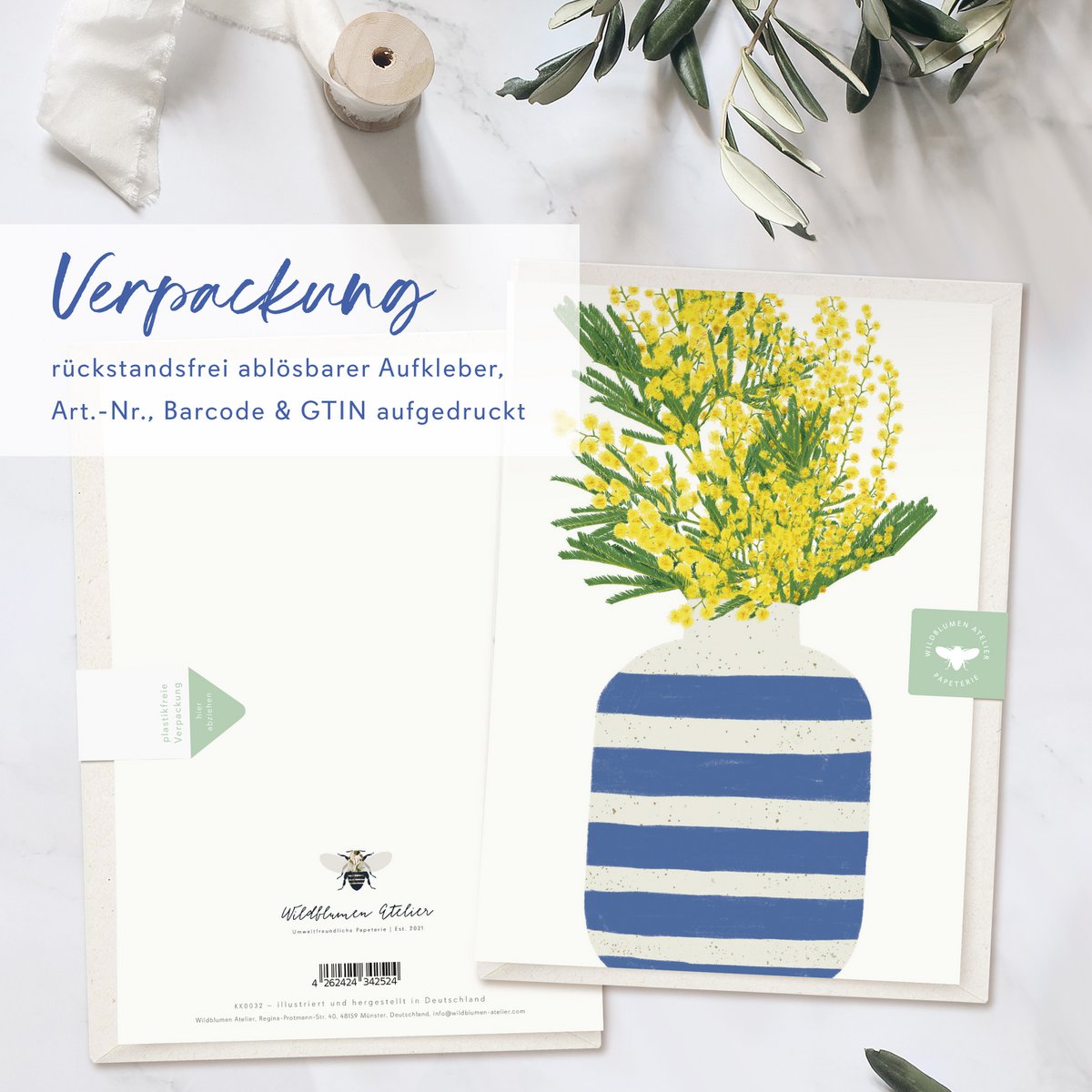 Folding card blue striped vase with yellow flowers, including envelope