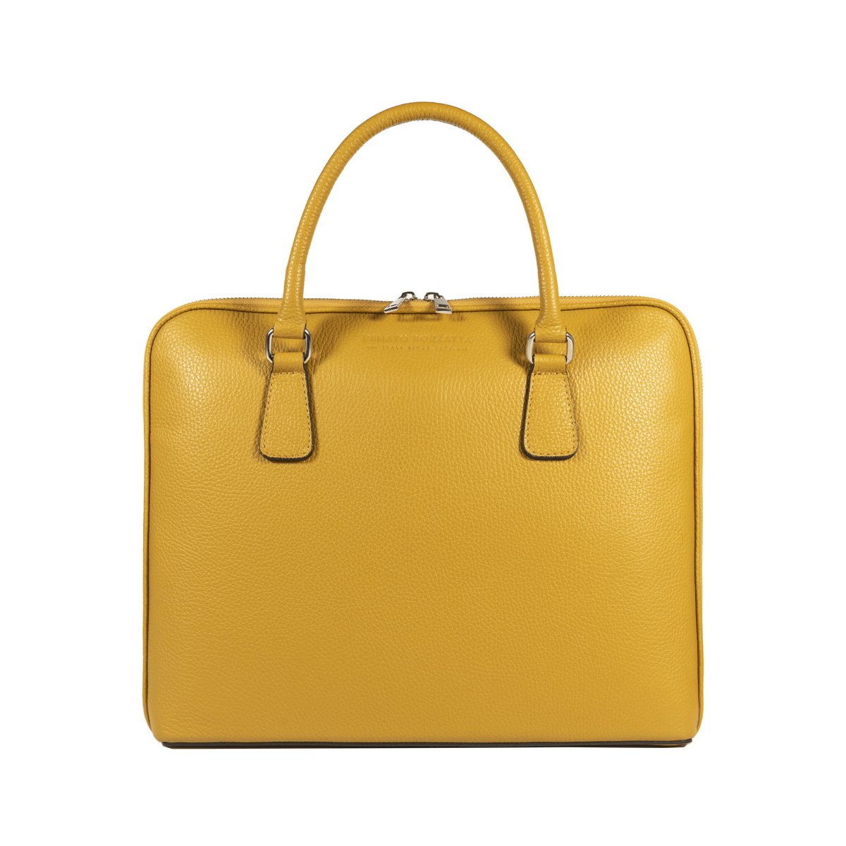 RB1019AR | Maletín de negocios unisex en piel auténtica Made in Italy con bandolera extraíble. Fijaciones con mosquetones de metal níquel brillante - Color mostaza - Dimensiones: 37 x 29 x 6,5 cm