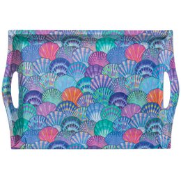  Rectangular melamine tray with colorful fan-shaped patterns in shades of blue, pink, and green.