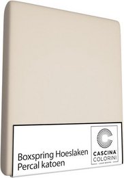 Fitted sheet cover in sand color, made of cotton percale. Available in various sizes for box spring mattresses.