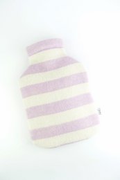 Lavender purple and cream striped hot water bottle cover, soft knit fabric, cozy warmth accessory.