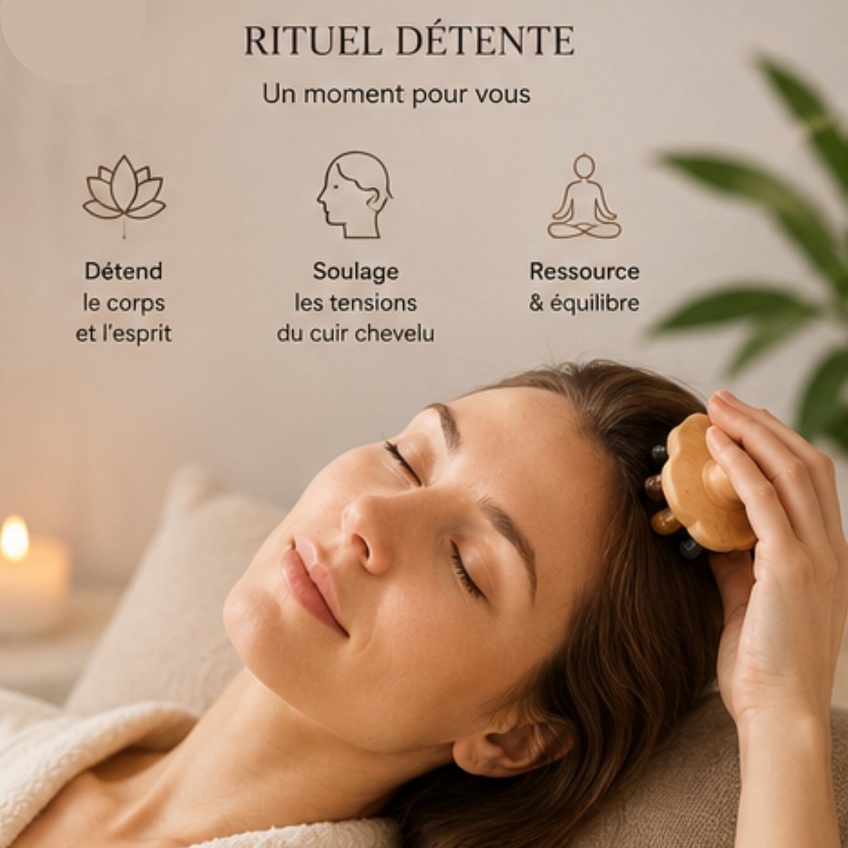 Flower Scalp Brush in FSC Beech Wood - 9 Natural Stone Massage Points - Stimulates Blood Circulation - Revitalizes Scalp - Natural Lithotherapy Hair Care