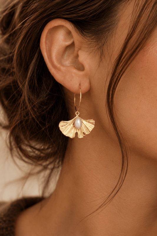 Ginkgo Whisper – Cerchi Foglia Ginkgo con Perla Oro