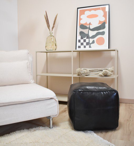 Pouf quadrato in pelle - nero - consegnato imbottito
