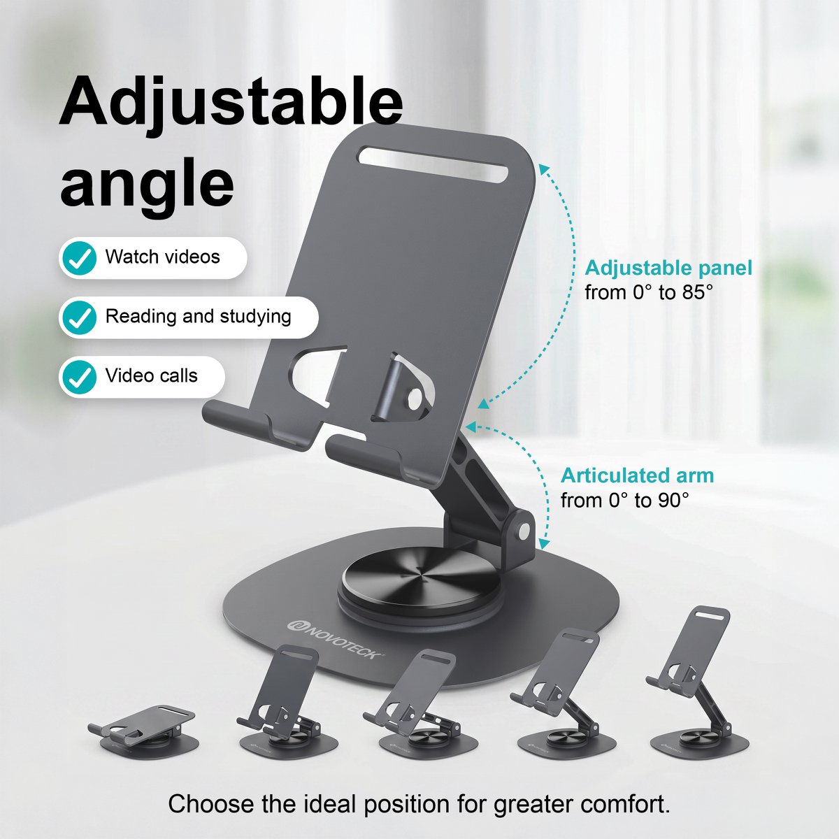 NOVOTECK Z-094 Soporte Giratorio Plegable para Teléfono - Base Metálica con Ángulo Ajustable de 360° para Smartphones y Tabletas