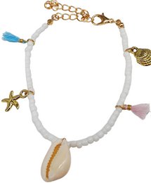 White cord bracelet with gold charms, shell pendant, tassels, adjustable length.
