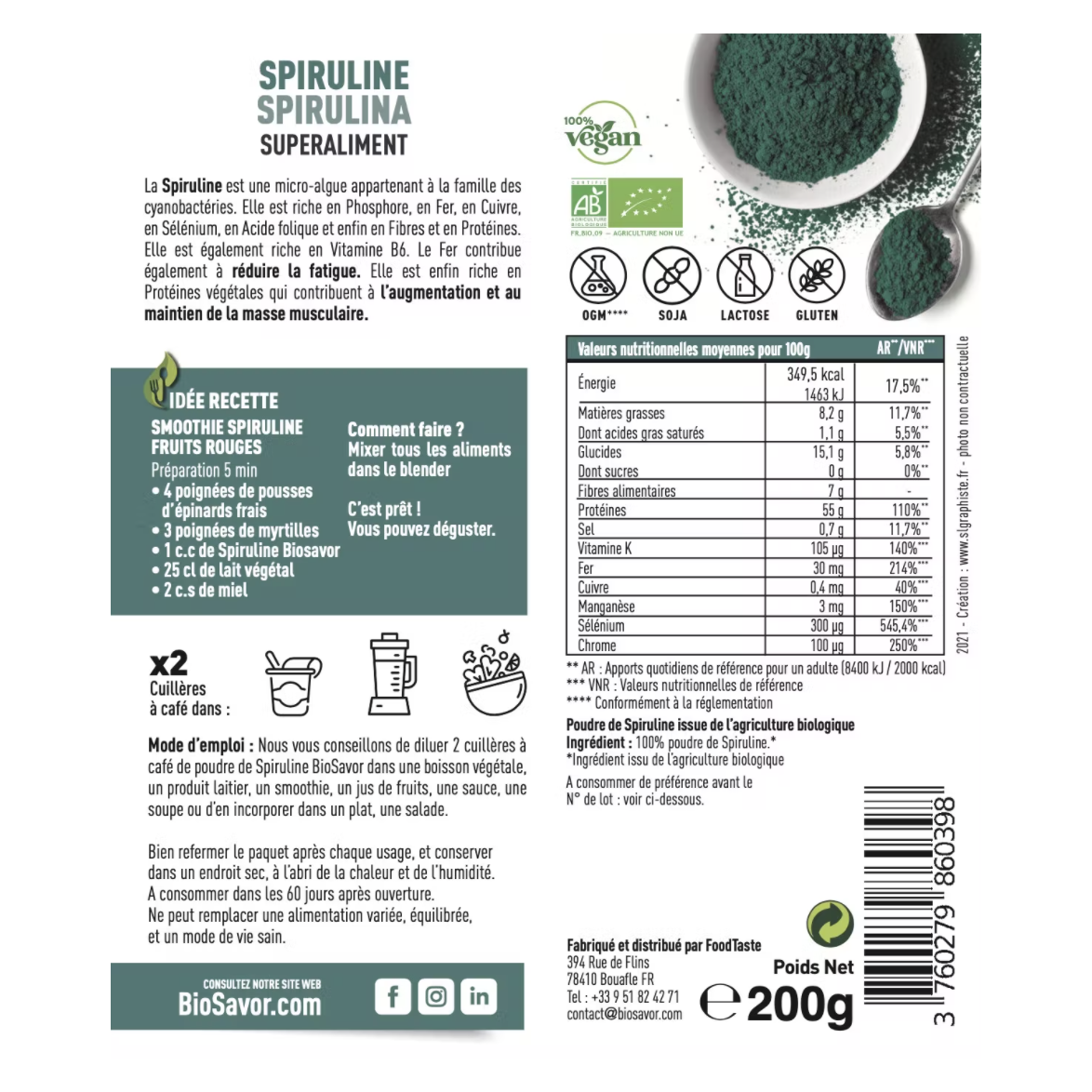 SPIRULINE EN POUDRE - 200G - COMPLÉMENT ALIMENTAIRE