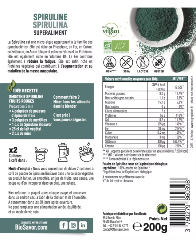 SPIRULINE EN POUDRE - 200G - COMPLÉMENT ALIMENTAIRE