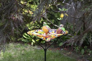 Gartenpflücker Vogel mit Teller | Mehrfarbig | Höhe 80 cm | Glas | Gartendekoration