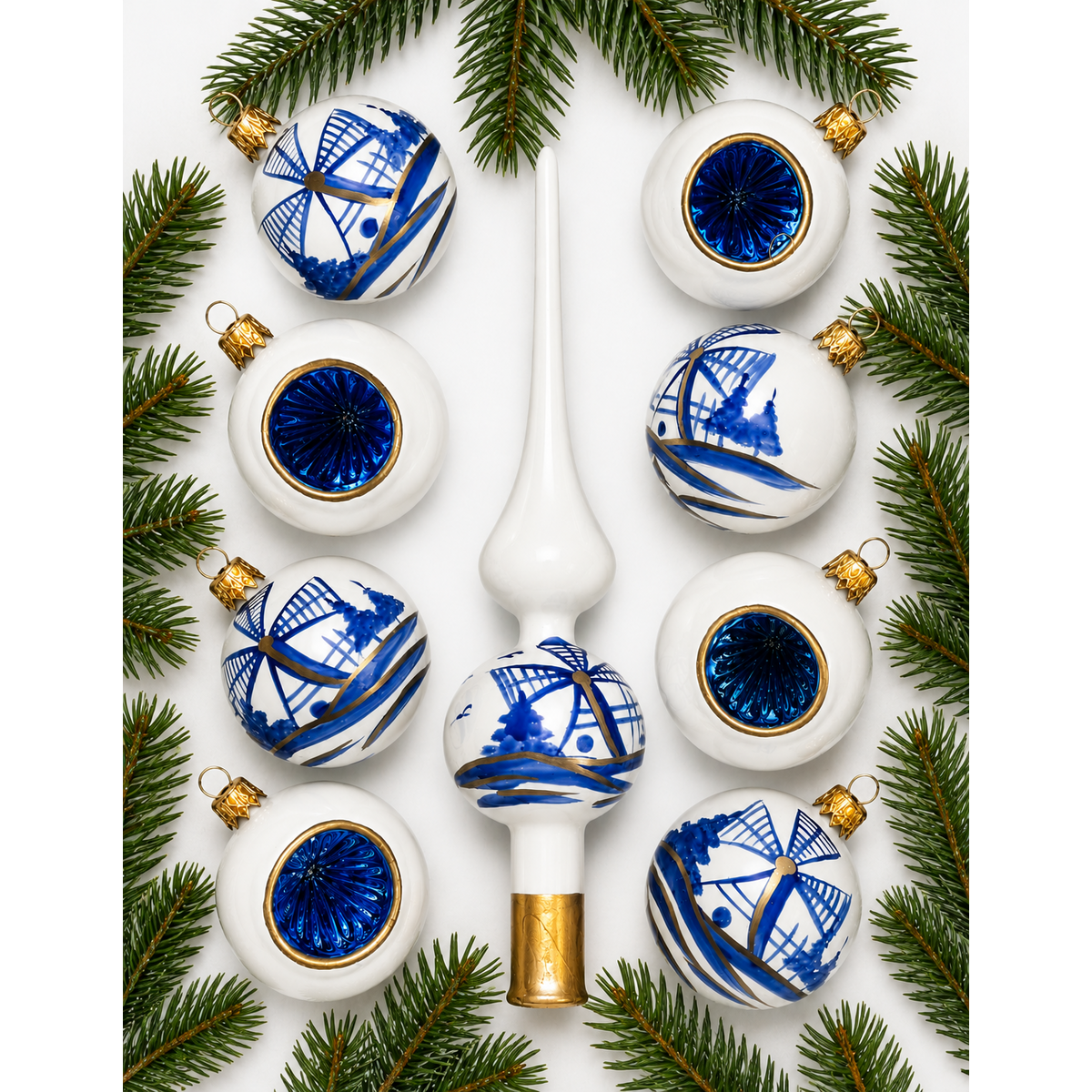 Weihnachtskugel-Set 8-tlg. mit Schirm, Delfter Blau, holländisches Dekor Retro, Vintage, handgefertigt in Polen