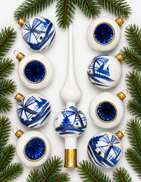 Weihnachtskugel-Set 8-tlg. mit Schirm, Delfter Blau, holländisches Dekor Retro, Vintage, handgefertigt in Polen