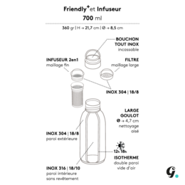 Borraccia termica Gaspajoe inox modello FRIENDLY+ 700ml con infusore - CILIEGIA