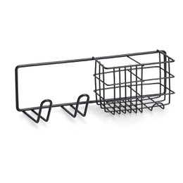 Black metal wall-mounted kitchen organizer shelf with hooks and wire basket storage