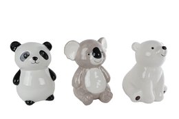 A white and grey earthenware money box in the shape of three bears. The bears have a simple, minimalist design with black accents.