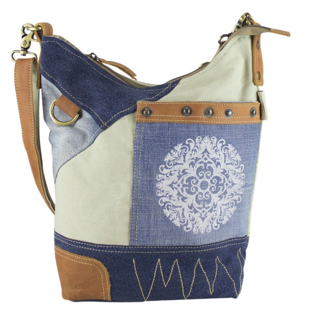 Sunsa dames schoudertas. Schoudertas gemaakt van upcycled jeans en canvas. Handtas vintage retro-stijl. Crossbodytas voor dames met mandala print