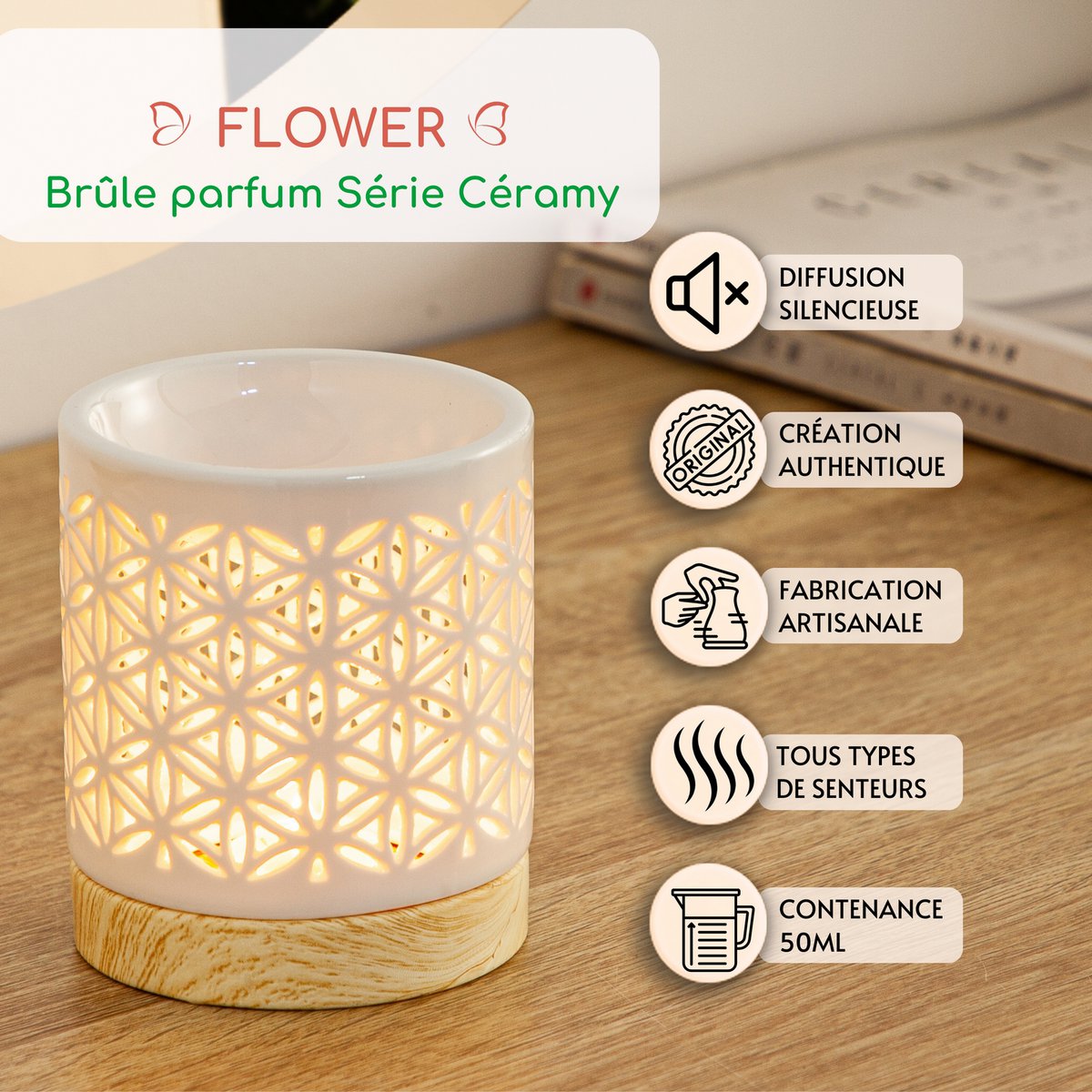 Quemador de perfume serie Céramy – Flor – Portavelas de cerámica lacada – Difusión de ceras aromáticas, aceites esenciales – Idea decorativa de regalo