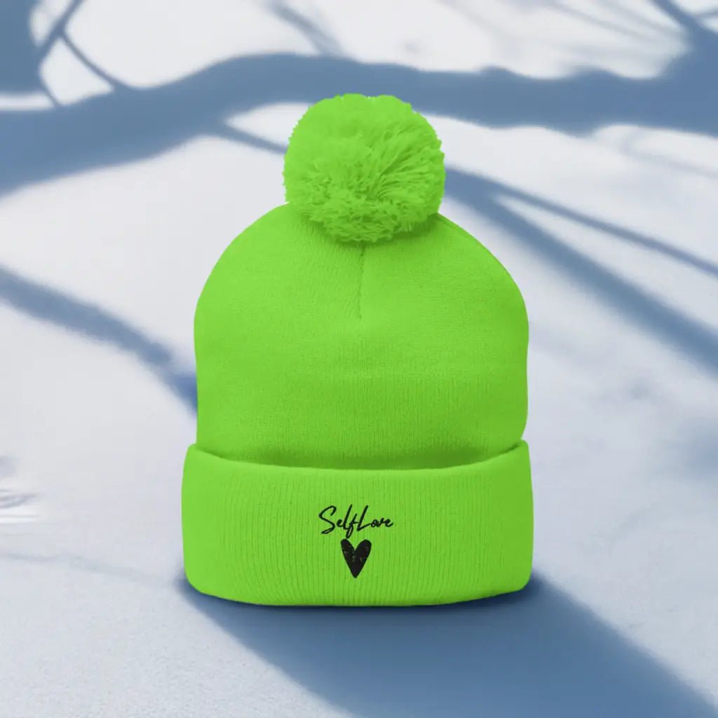 Self Love Pom-Pom Beanie - Women's Beanie with Embroidery