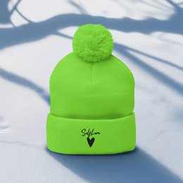 Self Love Pom-Pom Beanie - Women's Beanie with Embroidery