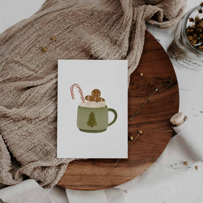 Biglietto d'auguri natalizio con tazza di cioccolata calda e pan di zenzero - biglietto pieghevole Biglietto natalizio A6