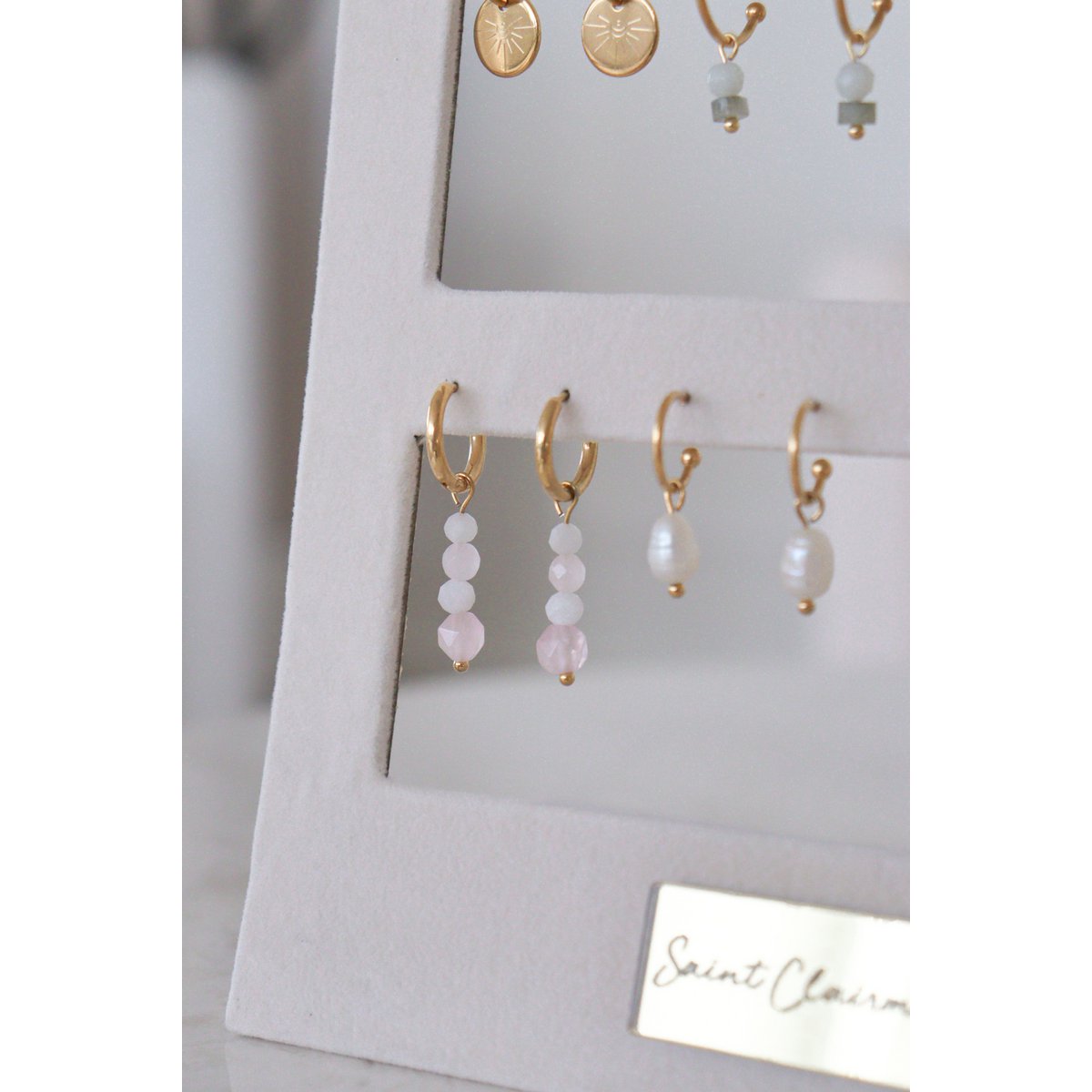 Moonstone og Rose Quartz øreringe - guld