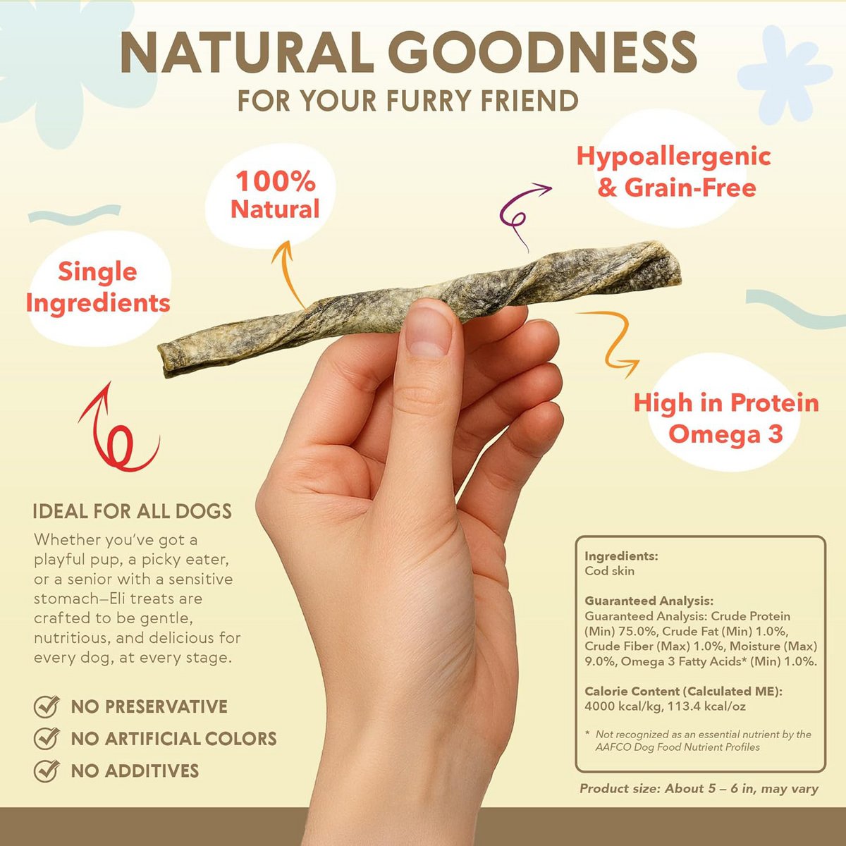 Friandises naturelles pour chiens à ingrédient unique, torsades de peau de morue séchée, 80 g
