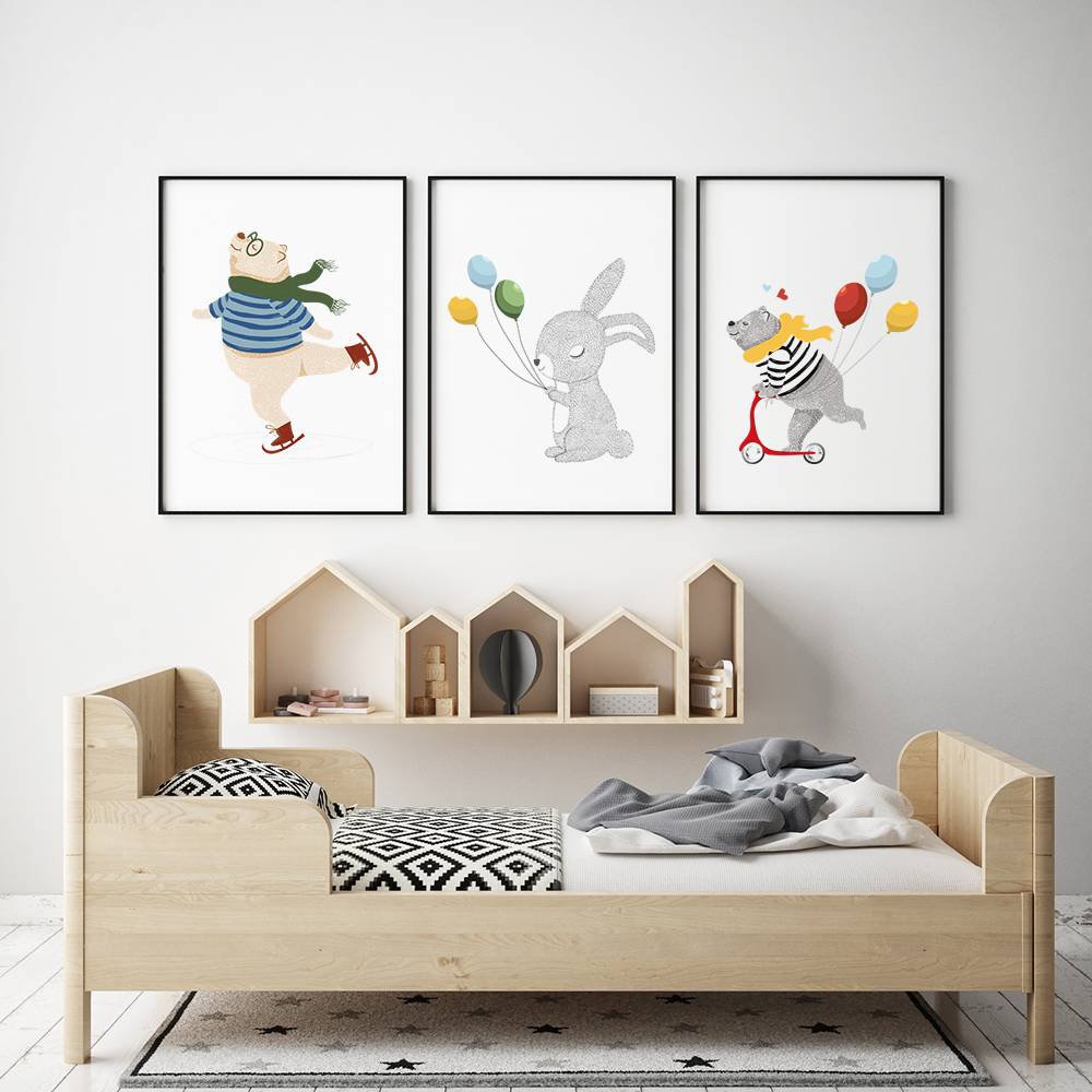 Kids room poster rabbit with balloons - Yellow blue green