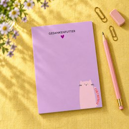 Notizblock A6 Katze „Gedankenfutter“ - Lila Block - 50 Blatt aus Recyclingpapier