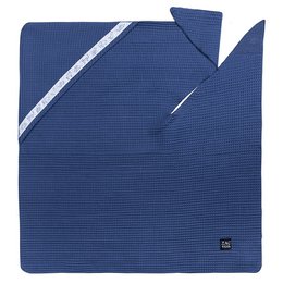 Navy blue honeycomb-patterned baby blanket, soft and cozy for baby's bath time.