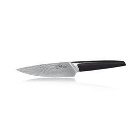 A small, high-quality Damascus steel chef's knife with a 15 cm blade. The knife features a sharp, durable blade and a comfortable, ergonomic handle for precise cutting in the kitchen.