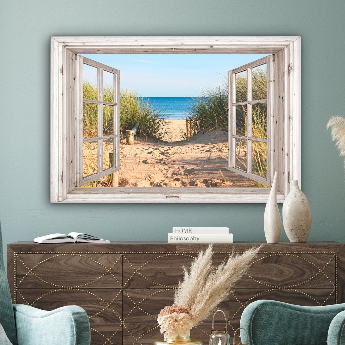 Canvas schilderij  - Wanddecoratie - Doorkijk - Strand - Zee - Duinen - Zand - Water - Helmgras