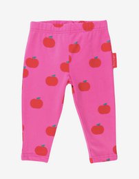 Organic cotton leggings with apple print, available in sizes 6-12 months to 7-8 years.