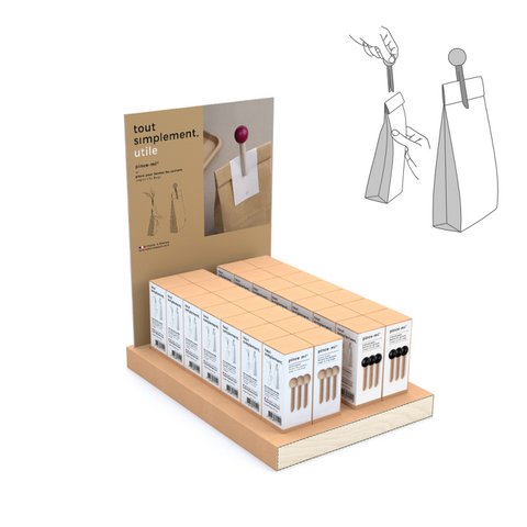 Display vol met 56 dozen van 3 houten tasclips - naturel en zwart + gratis display