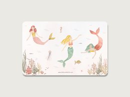  Decorative lunch board featuring mermaid illustrations. Rectangular wooden board with colorful mermaid, fish, and coral designs. Suitable for serving food or as a decorative piece.