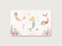 Decorative lunch board featuring mermaid illustrations. Rectangular wooden board with colorful mermaid, fish, and coral designs. Suitable for serving food or as a decorative piece.