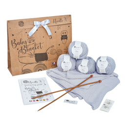 A complete beginner knitting kit with knitting needles and supplies to create a DIY baby blanket. The kit includes soft blue yarn, knitting needles, and instructions for a simple baby blanket project.