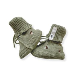 Sage green knitted booties with drawstring cuffs, soft ribbed texture, baby footwear.