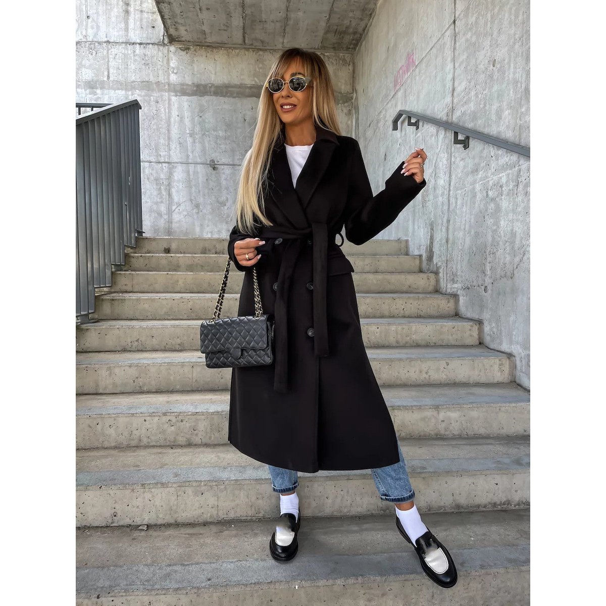 Double-breasted Lapel Split Jacket With Belt Winter Fashion Casual Long Sleeve Button Daily Coats For Women Clothing