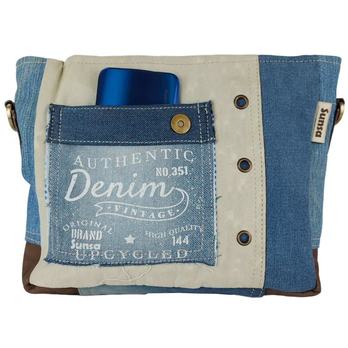 Sunsa damestas. Handtas gemaakt van upcycled jeans en canvas. Schoudertas in messenger-vorm. Schoudertas in vintagestijl. Grote crossbodytas voor dames