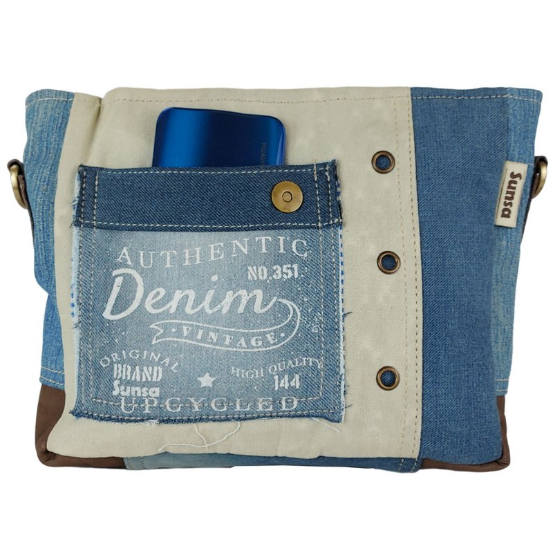 Sunsa damestas. Handtas gemaakt van upcycled jeans en canvas. Schoudertas in messenger-vorm. Schoudertas in vintagestijl. Grote crossbodytas voor dames