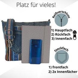 Sunsa Women's Sustainable Shoulder Bag. Shoulder bag made from recycled jeans & cotton. Handbag vintage retro style. Crossbody bag for women.