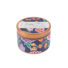  Navy blue scented candle with colorful butterflies and floral designs. Made of natural soy wax with a long-lasting fragrance.