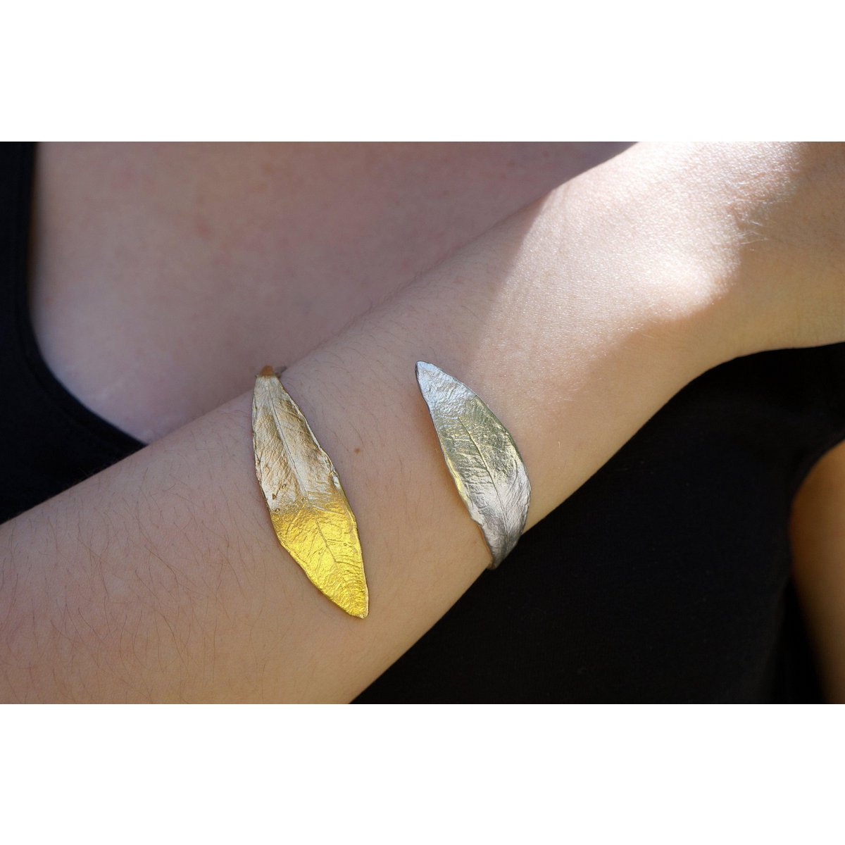 Gold Olive Leaf Bracelet, Gold-Plated Sterling Silver Jewelry, Gold-Silver Cuff, Gift for Her, Birthday Gift for Women, Handmade Jewelry