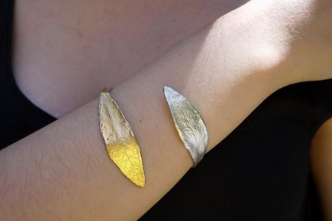 Gold Olive Leaf Bracelet, Gold-Plated Sterling Silver Jewelry, Gold-Silver Cuff, Gift for Her, Birthday Gift for Women, Handmade Jewelry