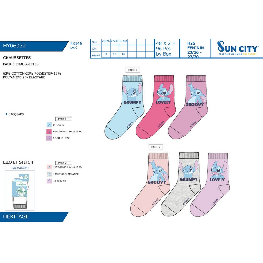 Lot of 96 Units | Pack 3 Lilo And Stitch Socks for Children | Officially Licensed Products | SUN CITY Group