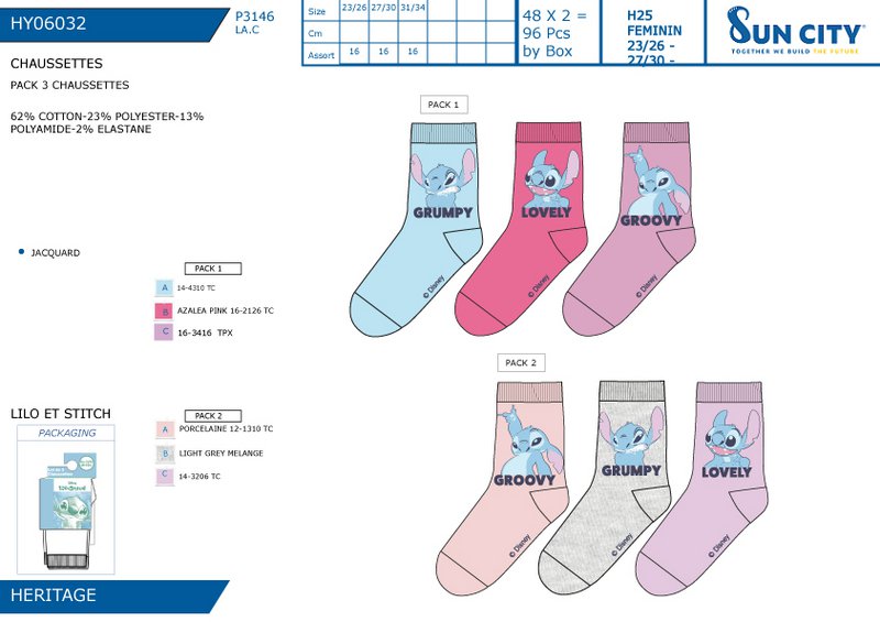 Lot of 96 Units | Pack 3 Lilo And Stitch Socks for Children | Officially Licensed Products | SUN CITY Group