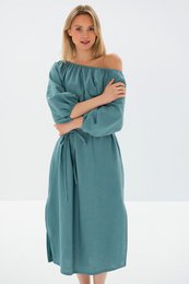 MOON — Vestido midi de lino lavado a la piedra con hombros descubiertos