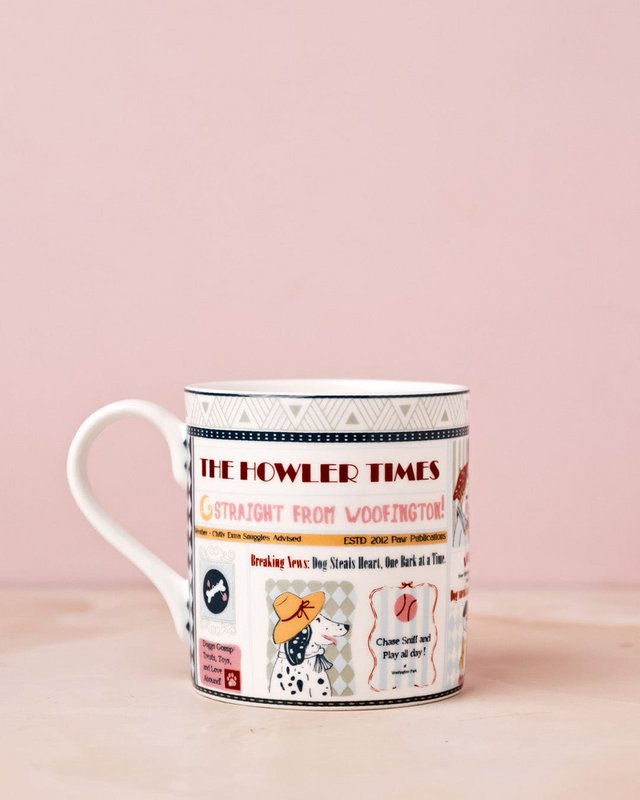 Fine China Mug Newspaper Print - Playful Illustrations, 300ml