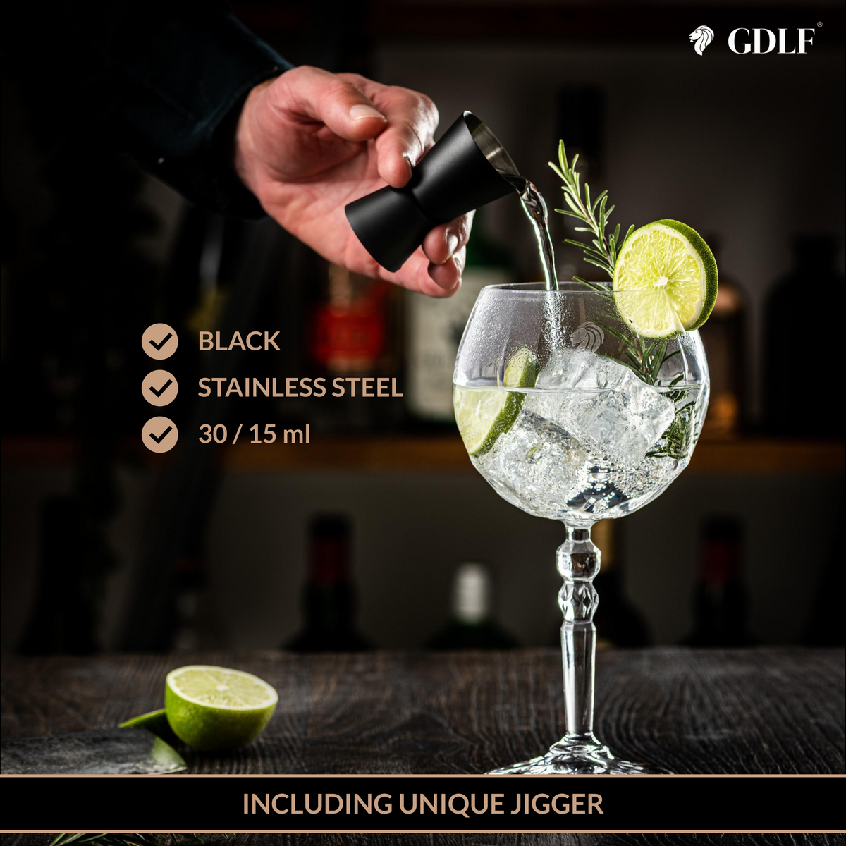 Gin Tonic Glasses Set Made of High Quality Crystal - 2 Gin Tonic Glasses & Double Sided Bar Measure Black with Luxury Storage Box, Cocktail Glasses, The Perfect Gin Gift Set