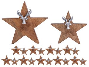 Houten figuur ster 2er set met hertenkop maat 25/19 cm master box 10-del display mango hout